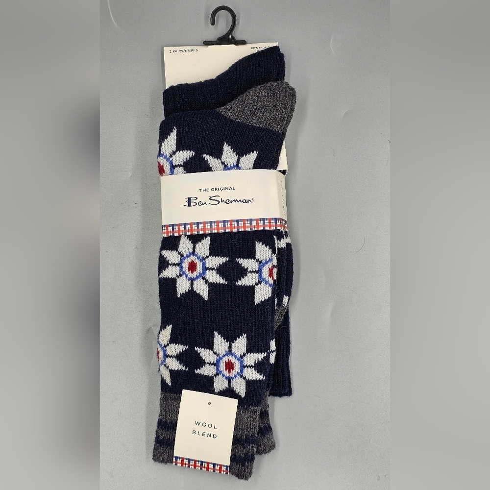 Ben Sherman Wool Blend Thick Boot Socks Winter Snowflake Pattern 2 Pairs Navy
